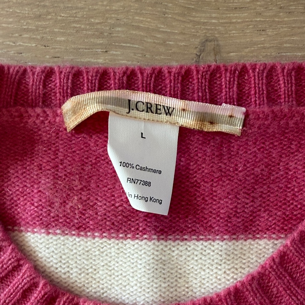 J. Crew Pink and White Striped Crew Neck 100% Cashmere Sweater - Picture 3 of 5